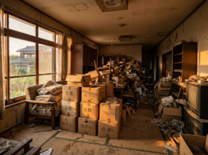 Cluttered living room with stacked cardboard boxes, old furniture, and a television in an abandoned house
