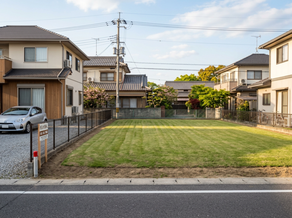 Grassy vacant lot surrounded by Japanese homes and utility wires